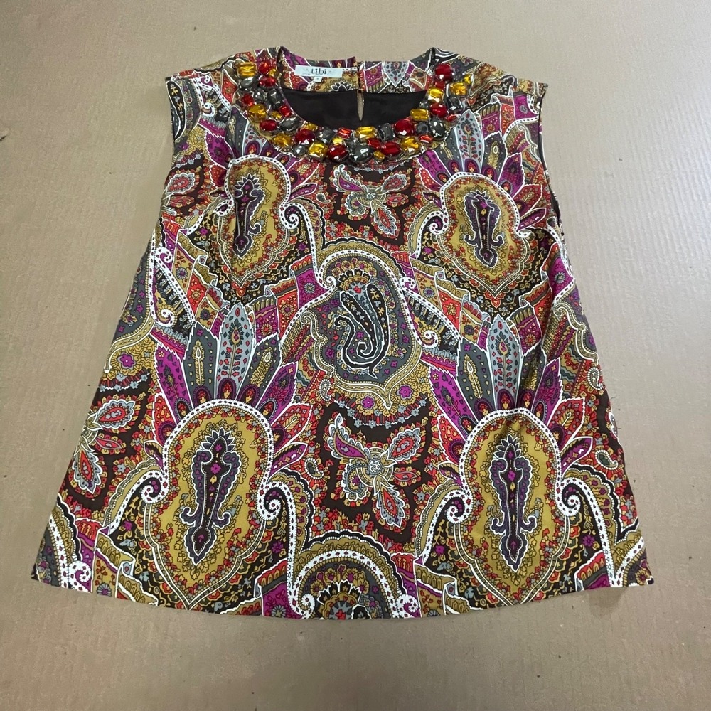 Vintage Tibi Paisley Silk Sleeveless Blouse Sz 6 Lined Jeweled Neck Keyhole Back